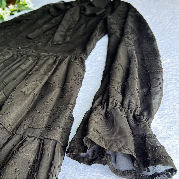 Women’s Black Sheer Embroidered Mini Dress Ruffle Hem Long Sleeve Button Up - Picture 4 of 15